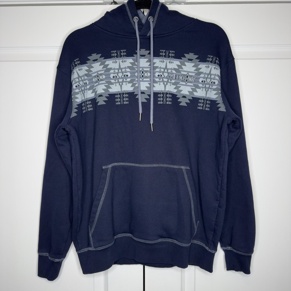 Hooey Hoodie Mens Small Blue Tribal Aztec Stripe Fleece Pullover Sweatshirt